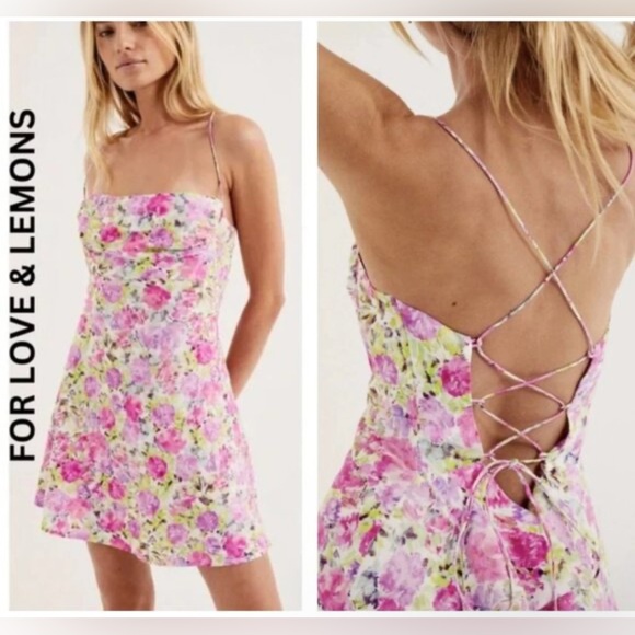 For Love And Lemons Paulina Pink and Green Floral Mini Dress - Picture 2 of 4